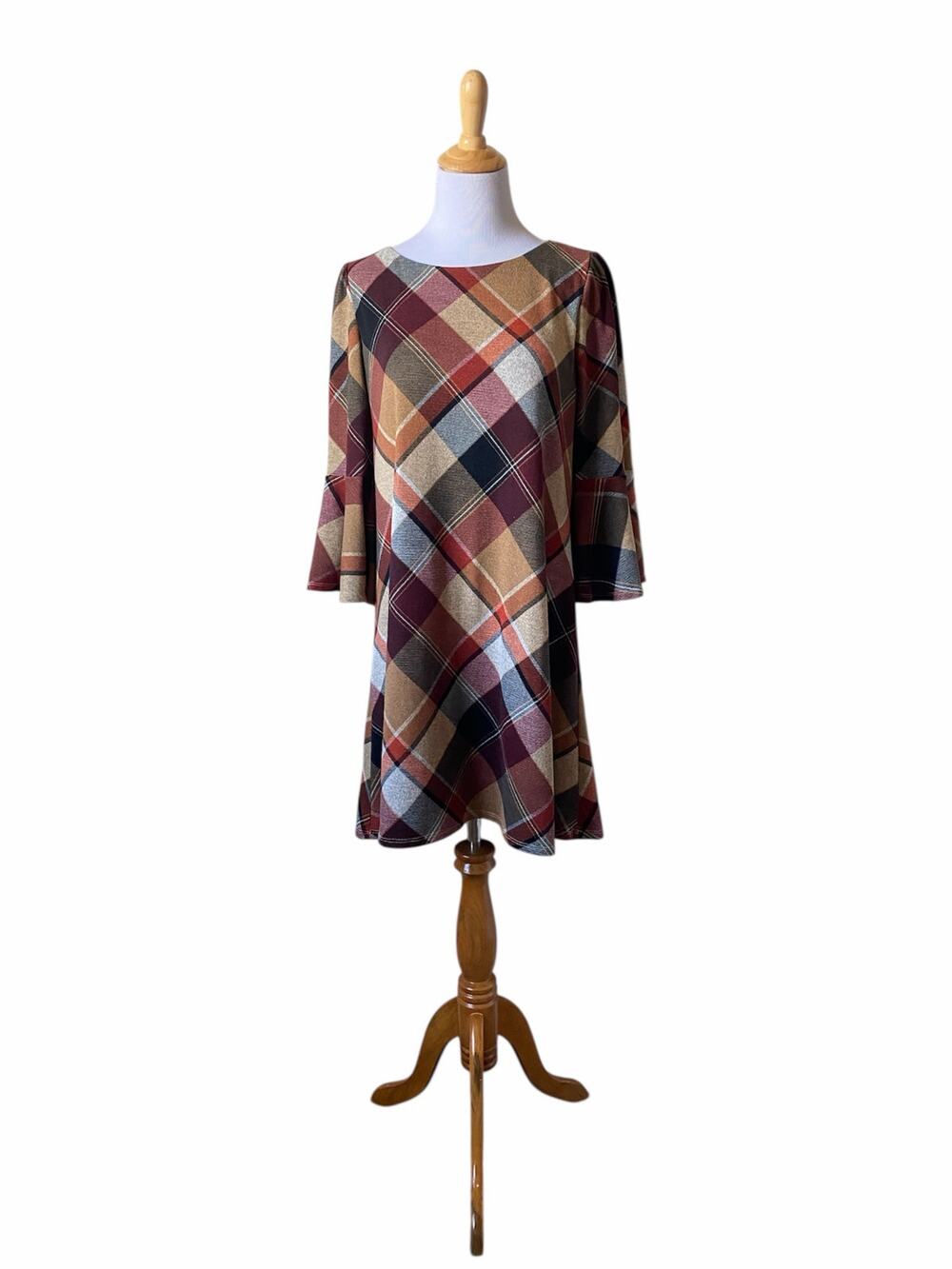 JH Brown/Red/Orange Plaid 3/4 Bell Sleeved Knee Length Dress- Size Medium
